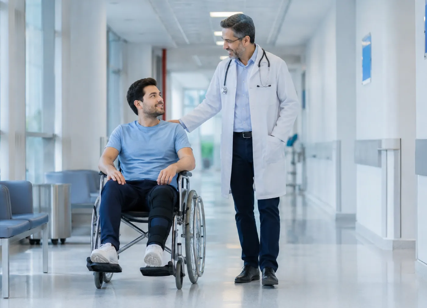 Médico acompañando a un paciente en silla de ruedas por el pasillo de una clínica
