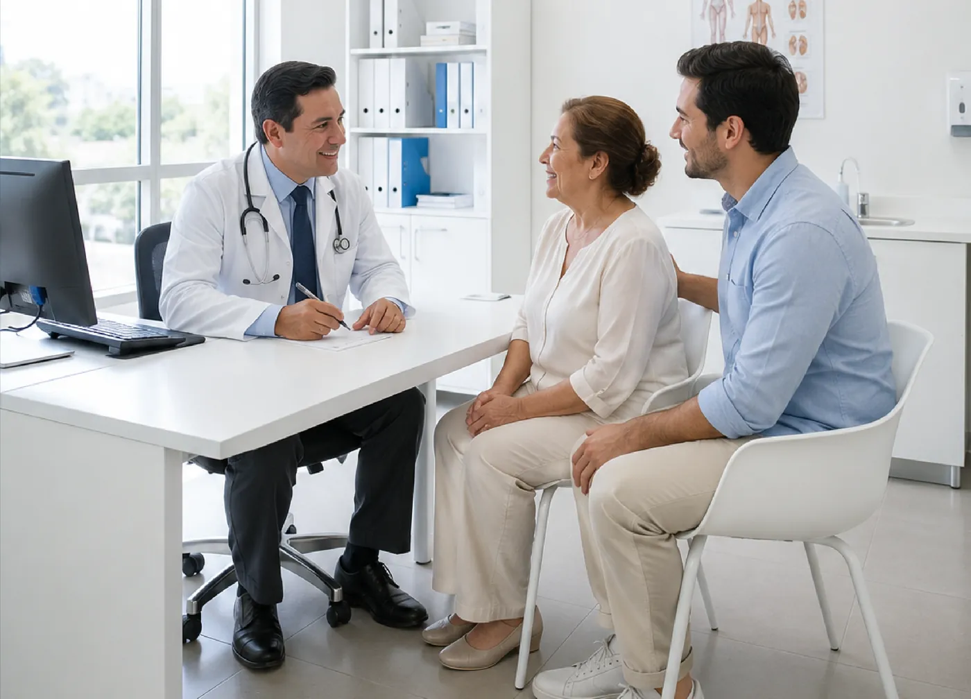 Médico atendiendo en consulta a una pareja de pacientes