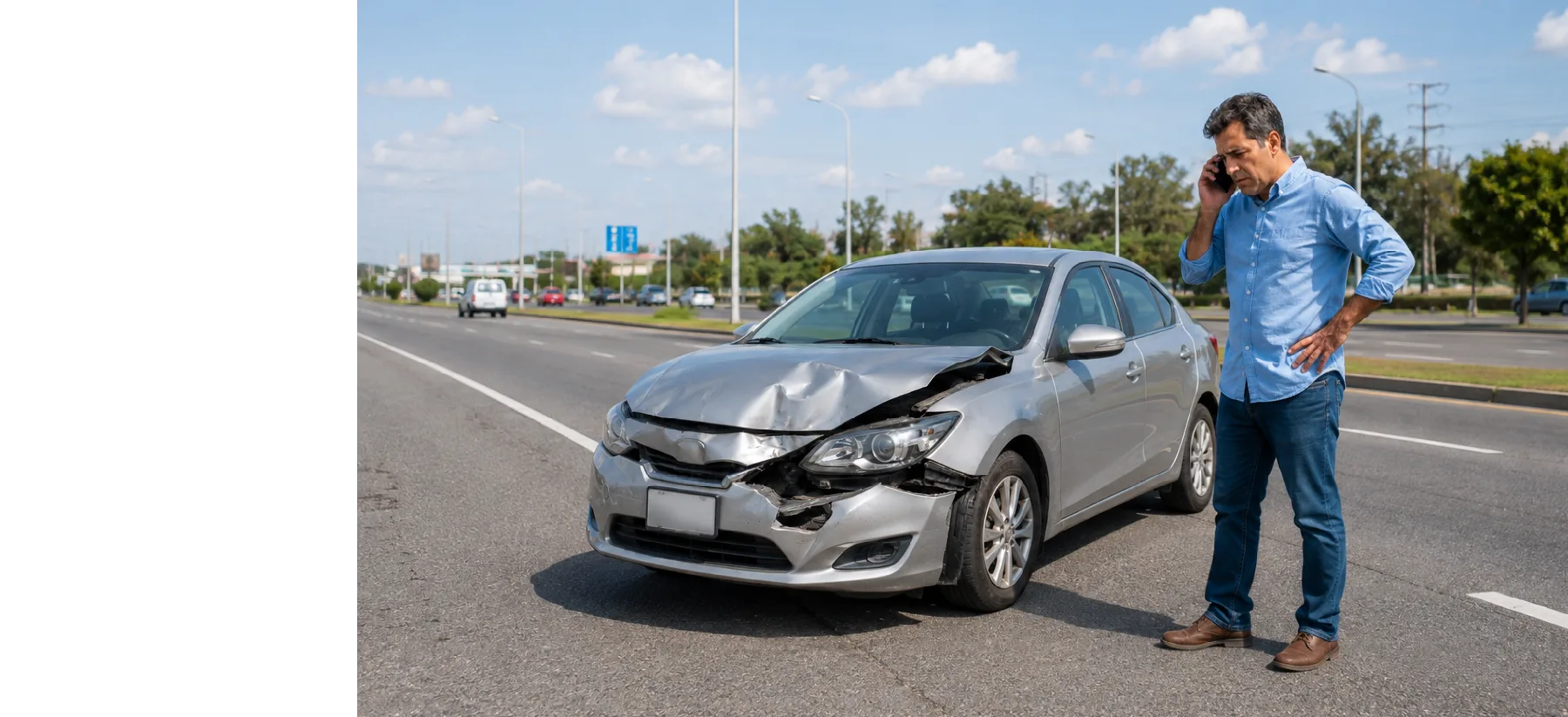Conductor llamando por teléfono junto a su vehículo tras un accidente de tránsito