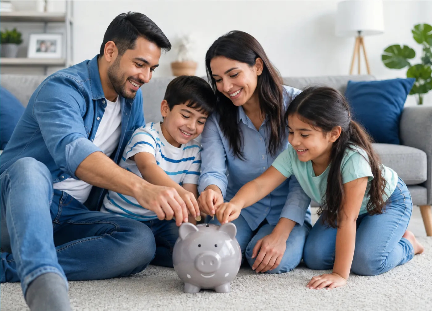 Familia con dos hijos depositando monedas en una alcancía